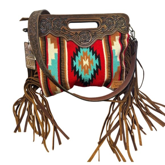 NWT American Darling Western Handbag Woven Aztec Design & Leather Fringe - Picture 1 of 11